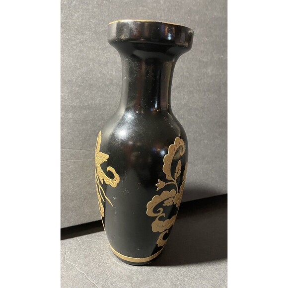 Black & Embossed Raised Gold Oriental Design On Vase 9 1/4” Tall - Picture 2 of 6
